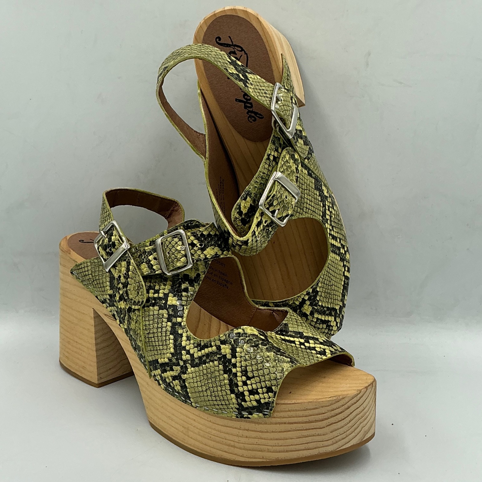 Free People Yellow Snakeskin Platform Clogs 40 Wood Block Heel Sandals